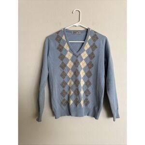 Vintage Jaeger Sweater Men's S/M Lambswool Blue Argyle V-Neck Scotland Stains !